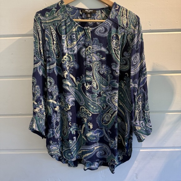 Nine West XL Top Navy/Yellow Paisley Round Neck 3/4 Sleeve Partial Button Front - Picture 2 of 16